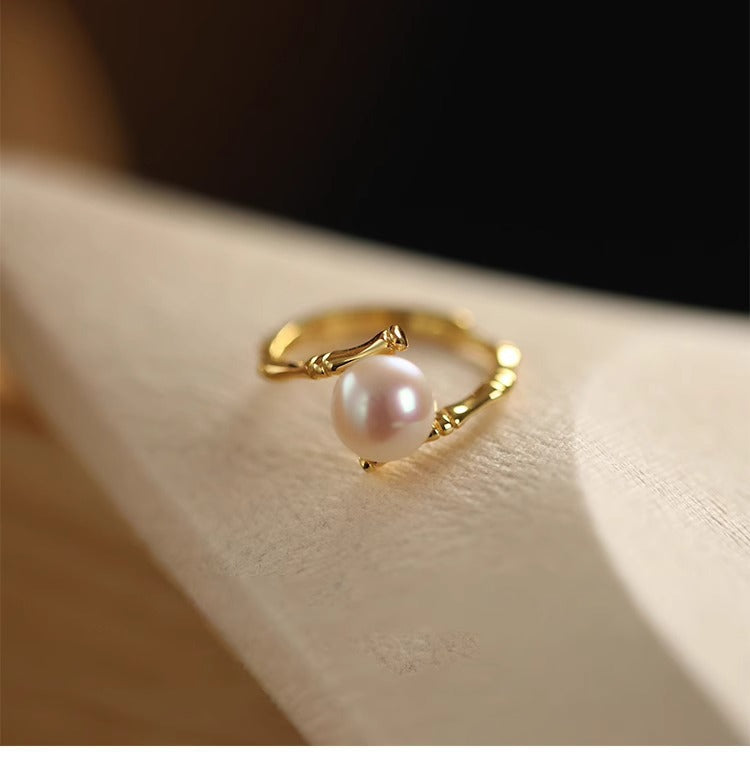 Bamboo Geometric Design Pearl Ring