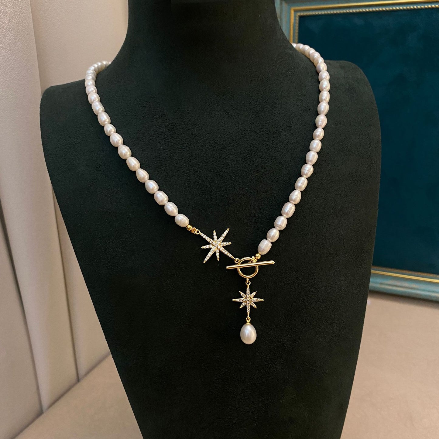 Natural pearl octagram OT buckle necklace