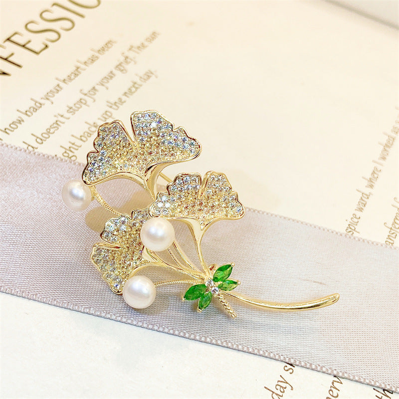 Natural Pearl Ginkgo Biloba Design Brooch