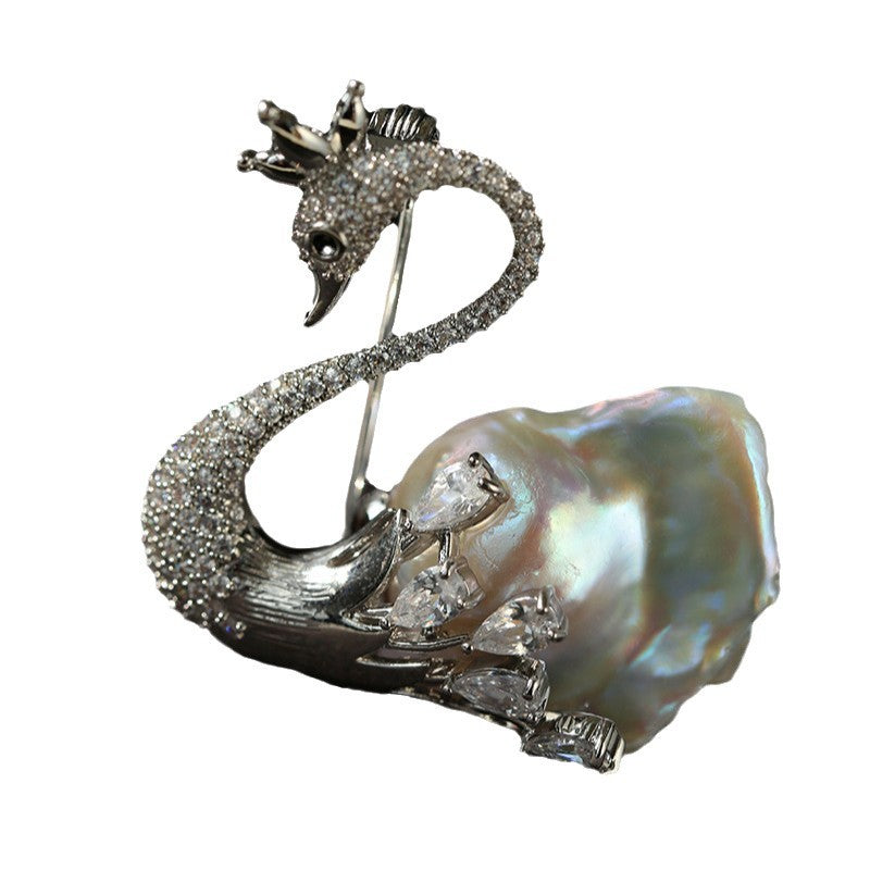 Natural Baroque Pearl Full Diamond Swan Design Brooch