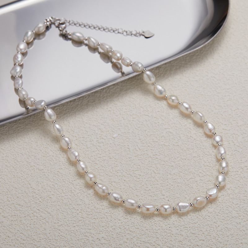 Natural Pearl Beaded Silver Necklace