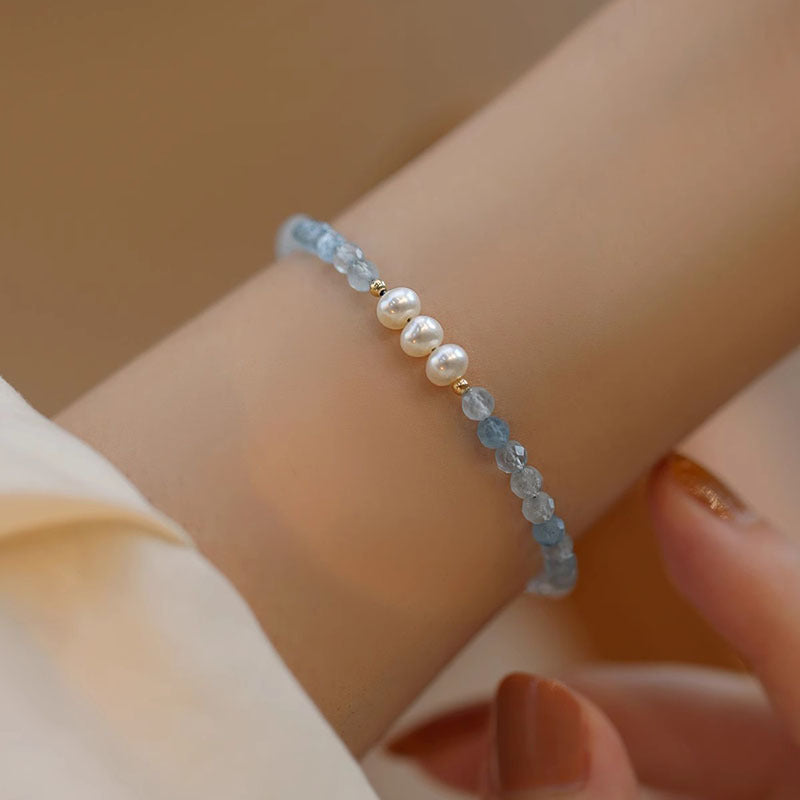 Natural Aquamarine Pearl Design Silver Bracelet
