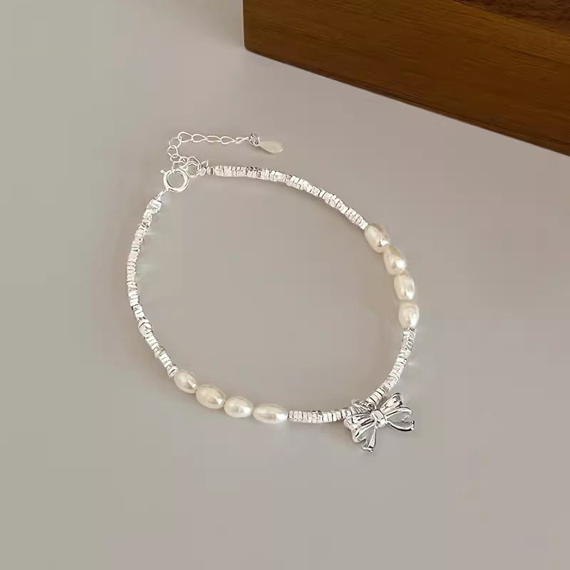 Bow Shredded Silver Natural Pearl Bracelet
