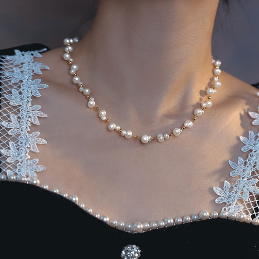 Small gold beads retro court style pearl necklace