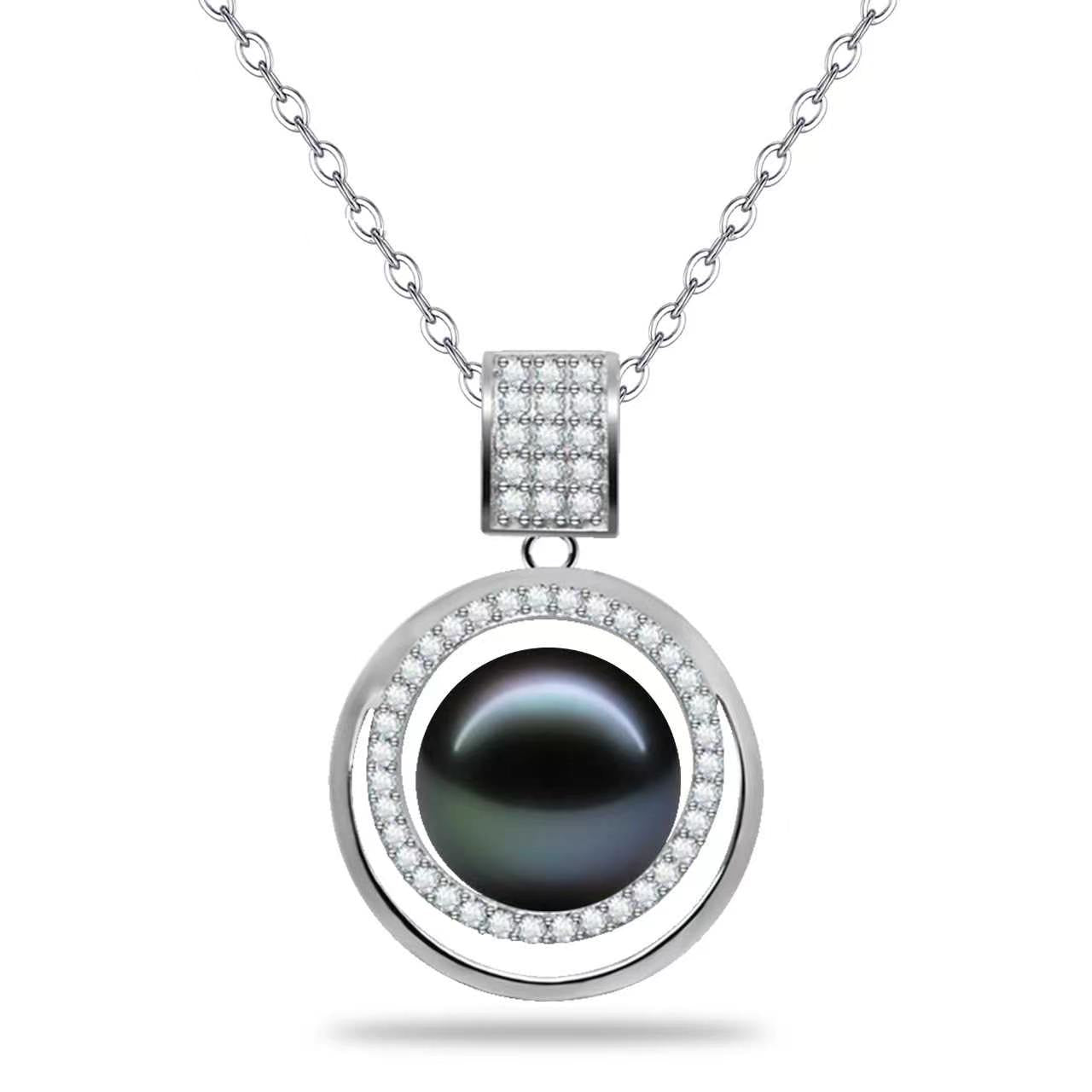 LOPHELIA Luxury Tahitian Black Pearl Necklace, 10-11mm Genuine Black Pearl Pendant with Crystal Halo, Elegant Fine Jewelry for Women