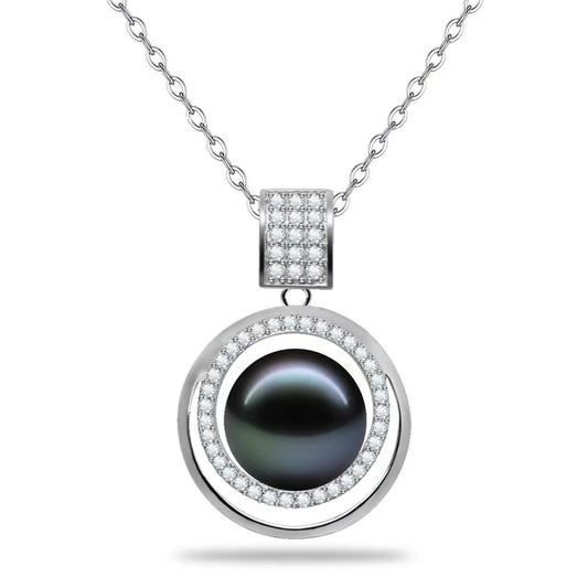 LOPHELIA Luxury Tahitian Black Pearl Necklace, 10-11mm Genuine Black Pearl Pendant with Crystal Halo, Elegant Fine Jewelry for Women