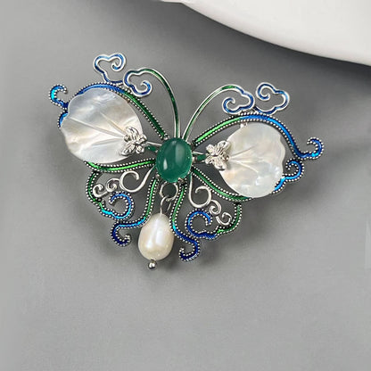 Natural Pearl Green Chalcedony Butterfly Design Brooch