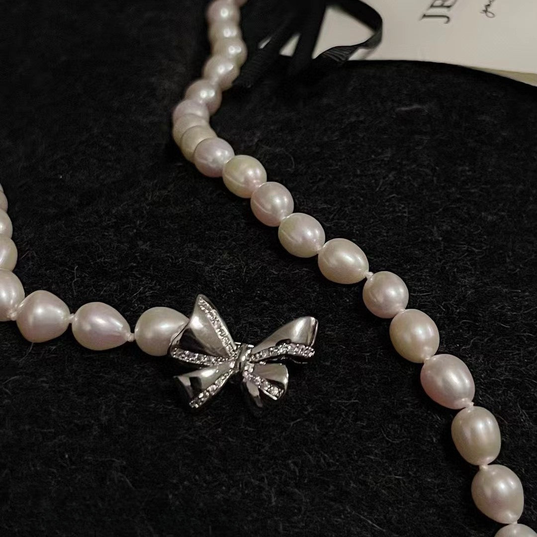 Bow Neck Chain Sweater Chain Natural Freshwater Pearl Necklace