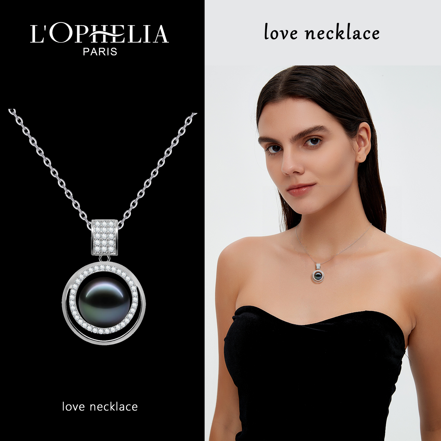 LOPHELIA Luxury Tahitian Black Pearl Necklace, 10-11mm Genuine Black Pearl Pendant with Crystal Halo, Elegant Fine Jewelry for Women