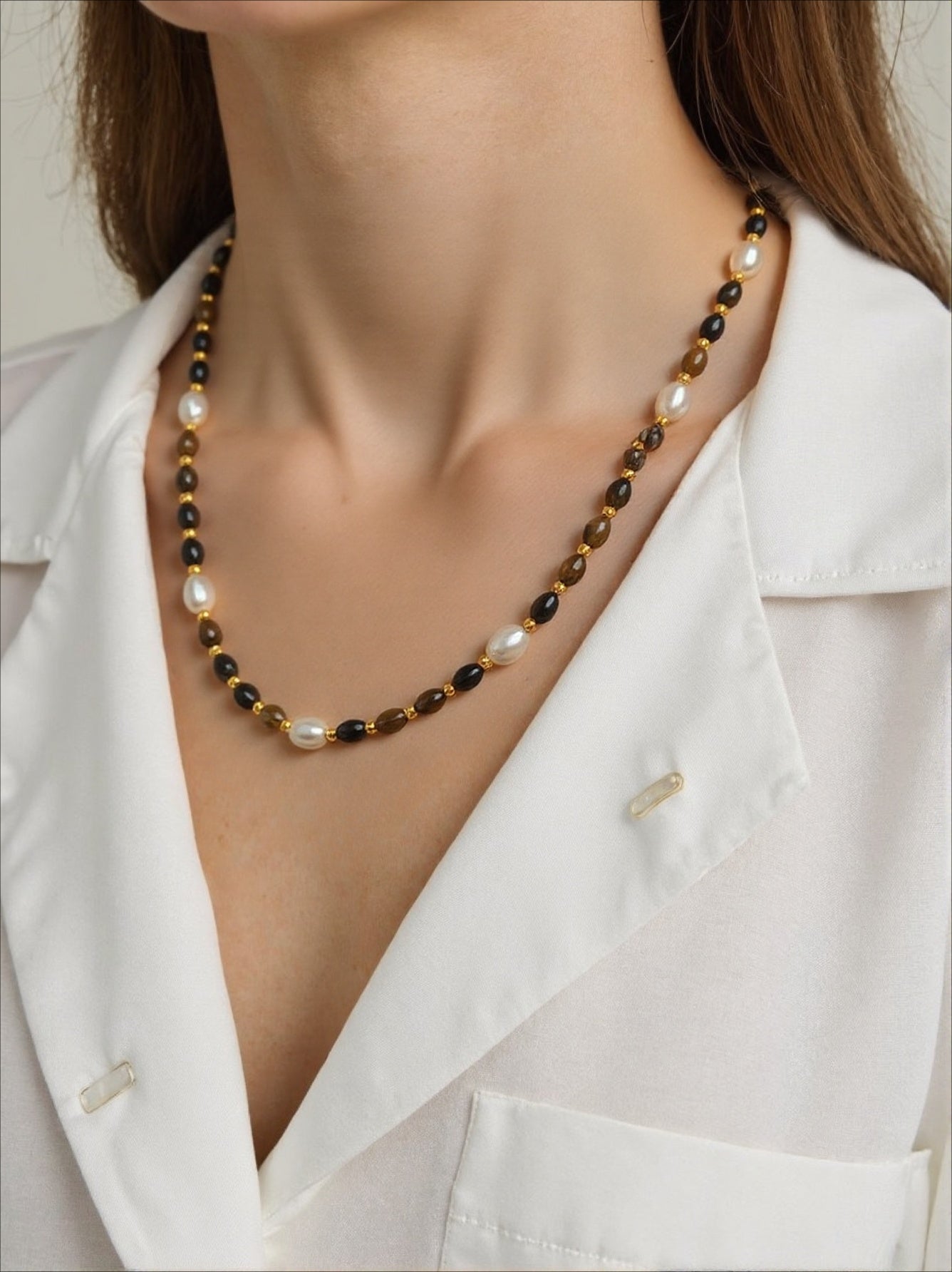 Tiger's Eye Natural Freshwater Pearl Beaded Necklace