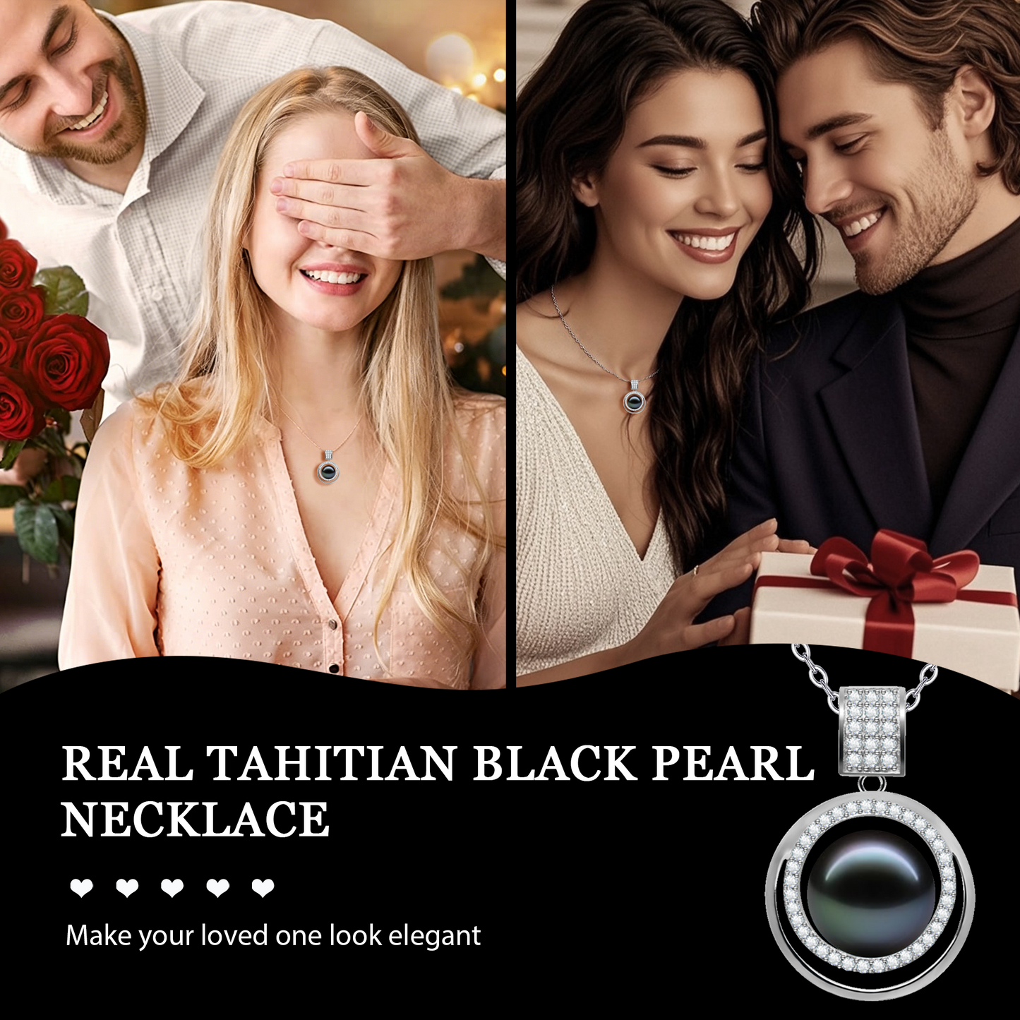 LOPHELIA Luxury Tahitian Black Pearl Necklace, 10-11mm Genuine Black Pearl Pendant with Crystal Halo, Elegant Fine Jewelry for Women