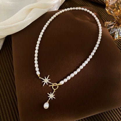 Natural pearl octagram OT buckle necklace
