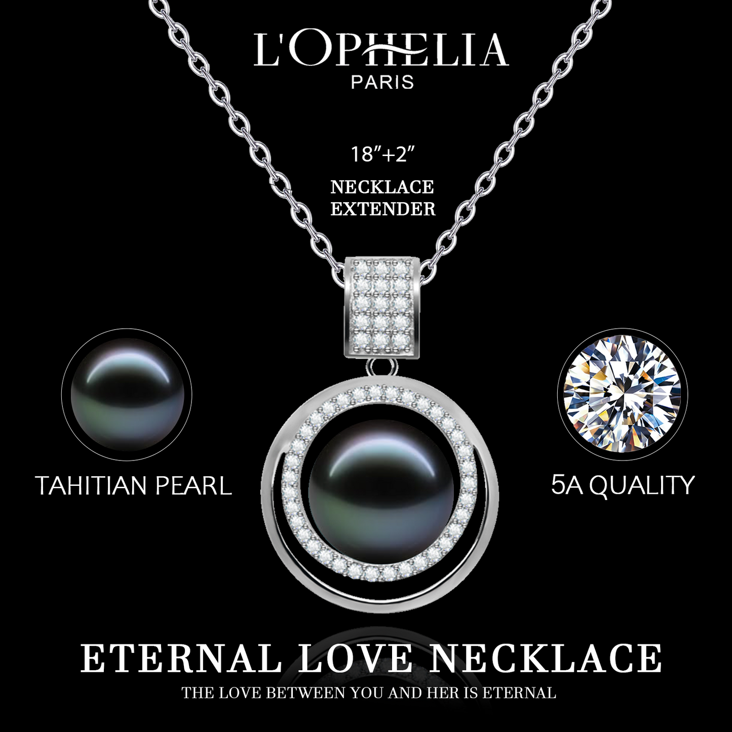LOPHELIA Luxury Tahitian Black Pearl Necklace, 10-11mm Genuine Black Pearl Pendant with Crystal Halo, Elegant Fine Jewelry for Women