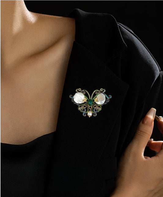Natural Pearl Green Chalcedony Butterfly Design Brooch