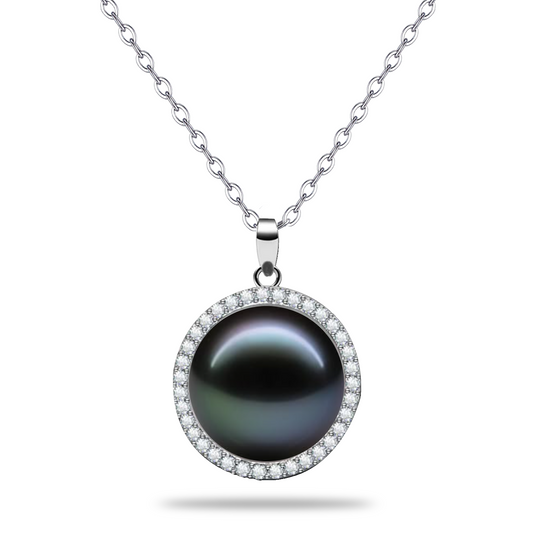 LOPHELIA Genuine Tahitian Pearl Pendant for Women, Classic Round Black Pearl Necklace Anniversary Gift for Her