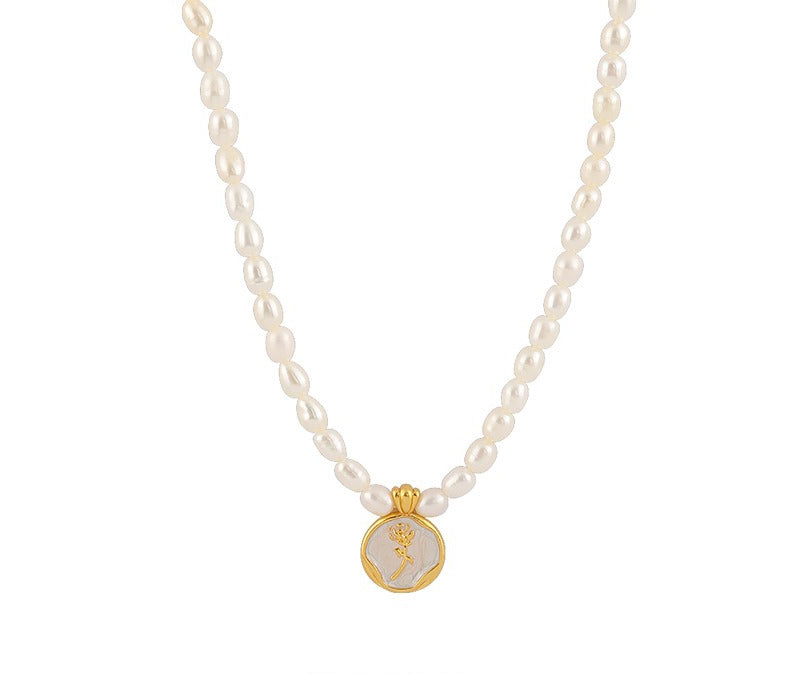 French Rose Vintage Sterling Silver Natural Pearl Necklace