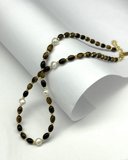 Tiger's Eye Natural Freshwater Pearl Beaded Necklace