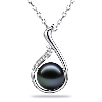 LOPHELIA Swan Necklace,Tahitian Black Pearl Necklace for Women,10-11mm 5A Natural Pearl Pendant,Dainty Jewelry Gift for Mom,Wife and Her