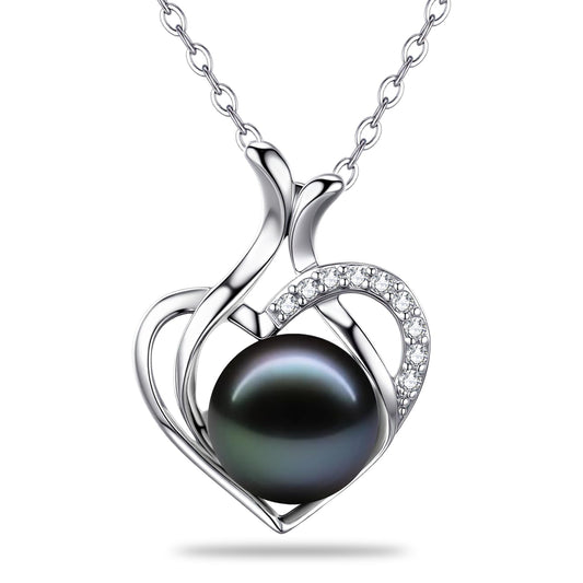LOPHELIA  Heart Shaped Tahitian Black Pearl Pendant, Real Pearl Necklace with Rose Gift Box, Dainty Jewelry Gift for Mom, Women and Wife