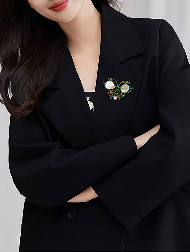 Natural Pearl Green Chalcedony Butterfly Design Brooch