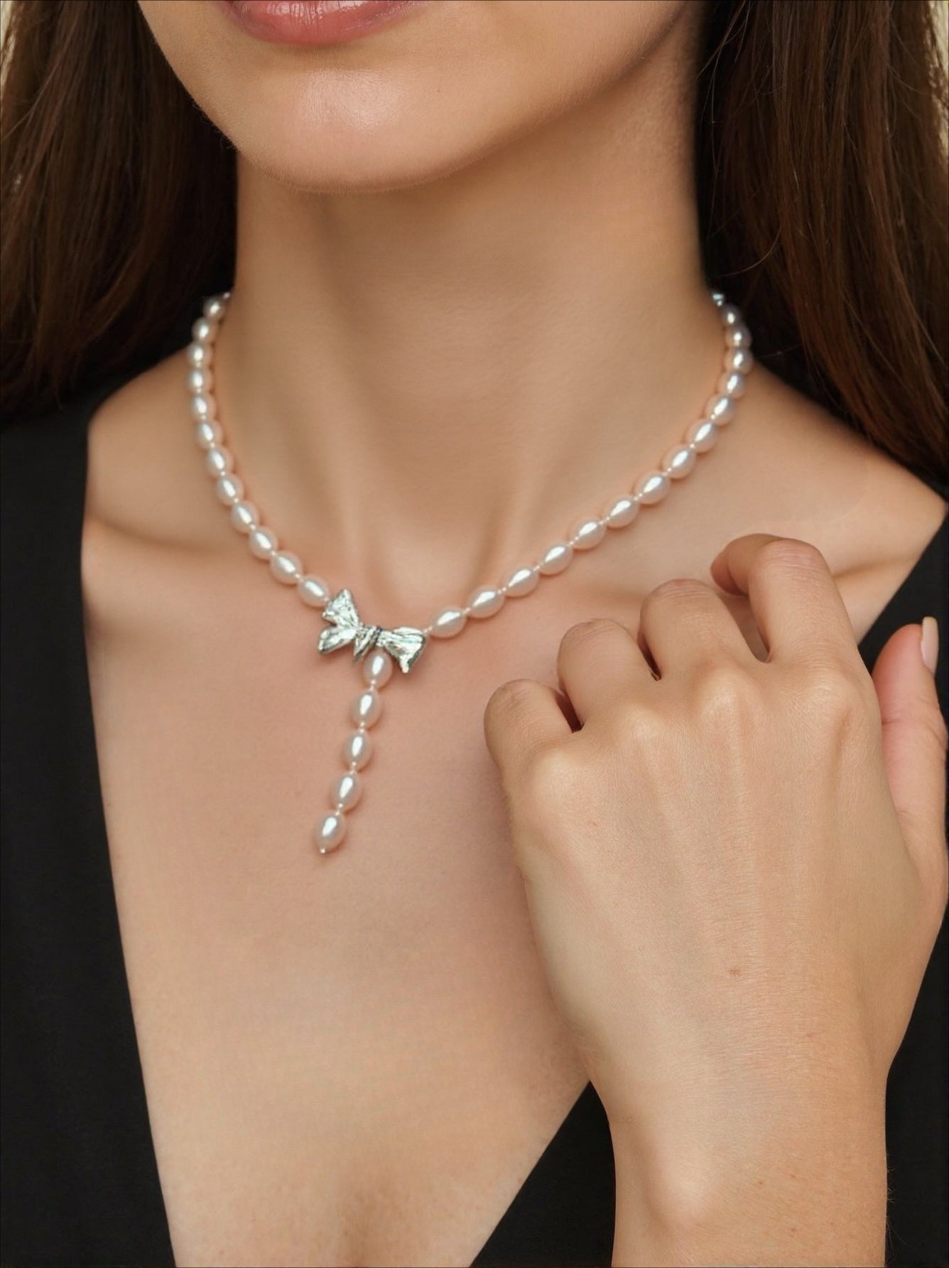 Bow Neck Chain Sweater Chain Natural Freshwater Pearl Necklace