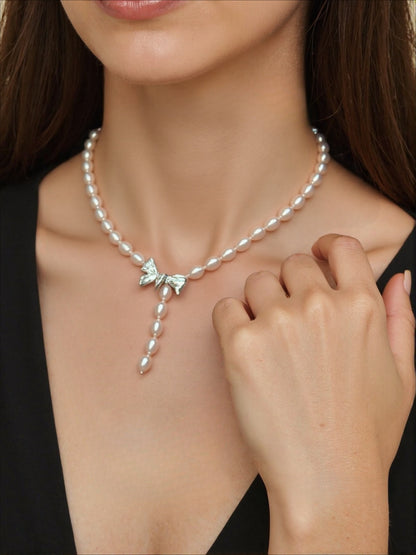 Bow Neck Chain Sweater Chain Natural Freshwater Pearl Necklace