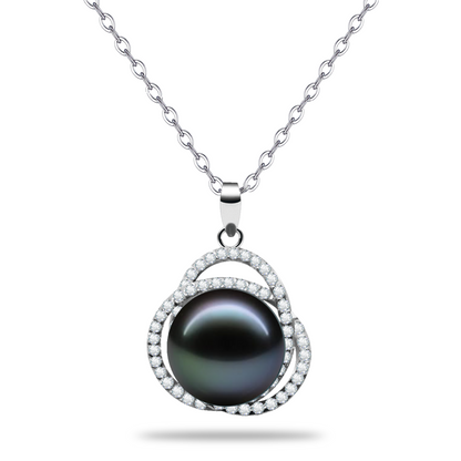 LOPHELIA Tahitian Black Pearl Pendant Necklace for Women, Genuine Pearl Jewelry with Double Halo  Design, Elegant Gift for Mom, Wife and Girlfriend