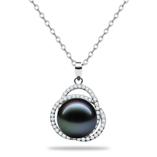 LOPHELIA Tahitian Black Pearl Pendant Necklace for Women, Genuine Pearl Jewelry with Double Halo  Design, Elegant Gift for Mom, Wife and Girlfriend