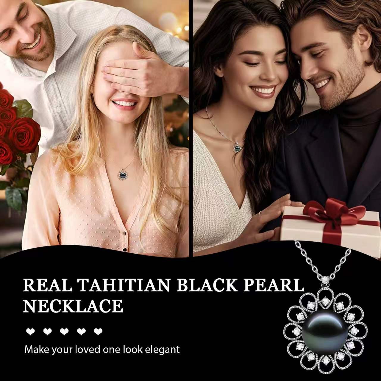 LOPHELIA Tahitian Black Pearl Floral Necklace – 10-11mm 5A Genuine Tahitian Pearl Pendant in Sterling Silver