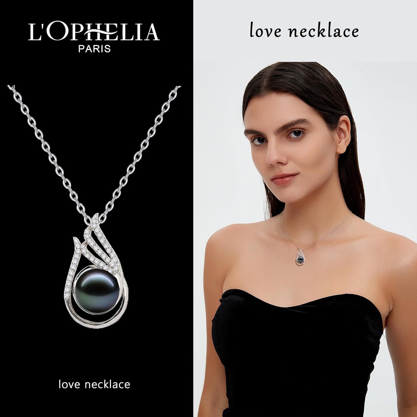 LOPHELIA Heart Shaped Tahitian Black Pearl Pendant Necklace with Rose Gift Box, Dainty Jewelry Gift for Mom, Women and Wife