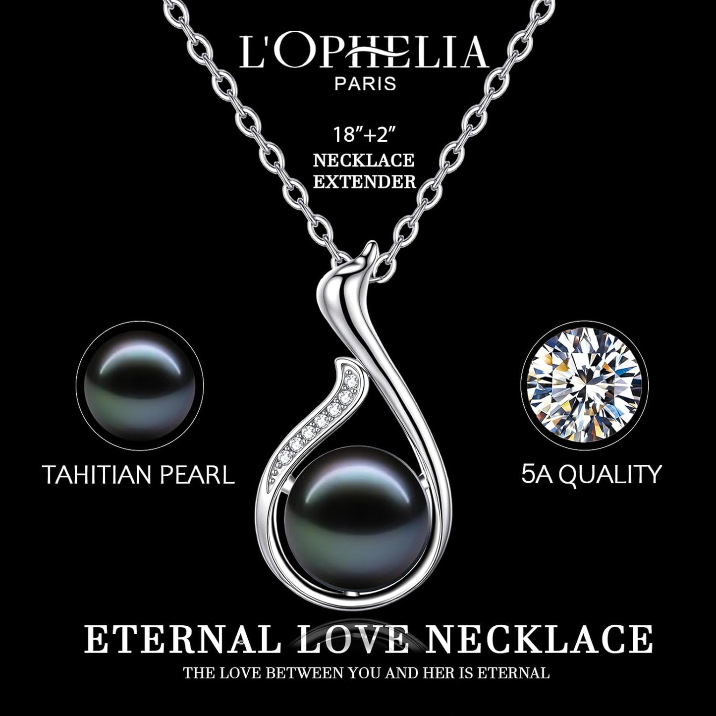 LOPHELIA Swan Necklace,Tahitian Black Pearl Necklace for Women,10-11mm 5A Natural Pearl Pendant,Dainty Jewelry Gift for Mom,Wife and Her