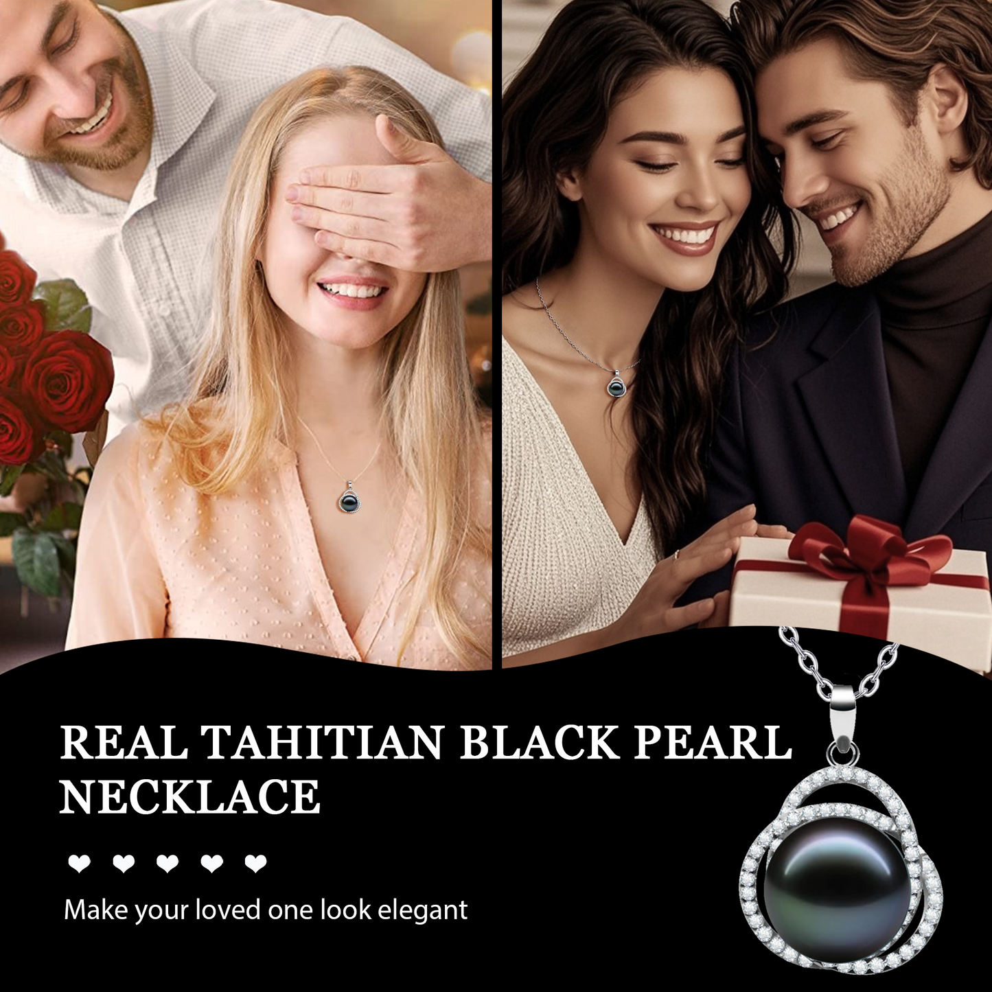 LOPHELIA Tahitian Black Pearl Pendant Necklace for Women, Genuine Pearl Jewelry with Double Halo  Design, Elegant Gift for Mom, Wife and Girlfriend