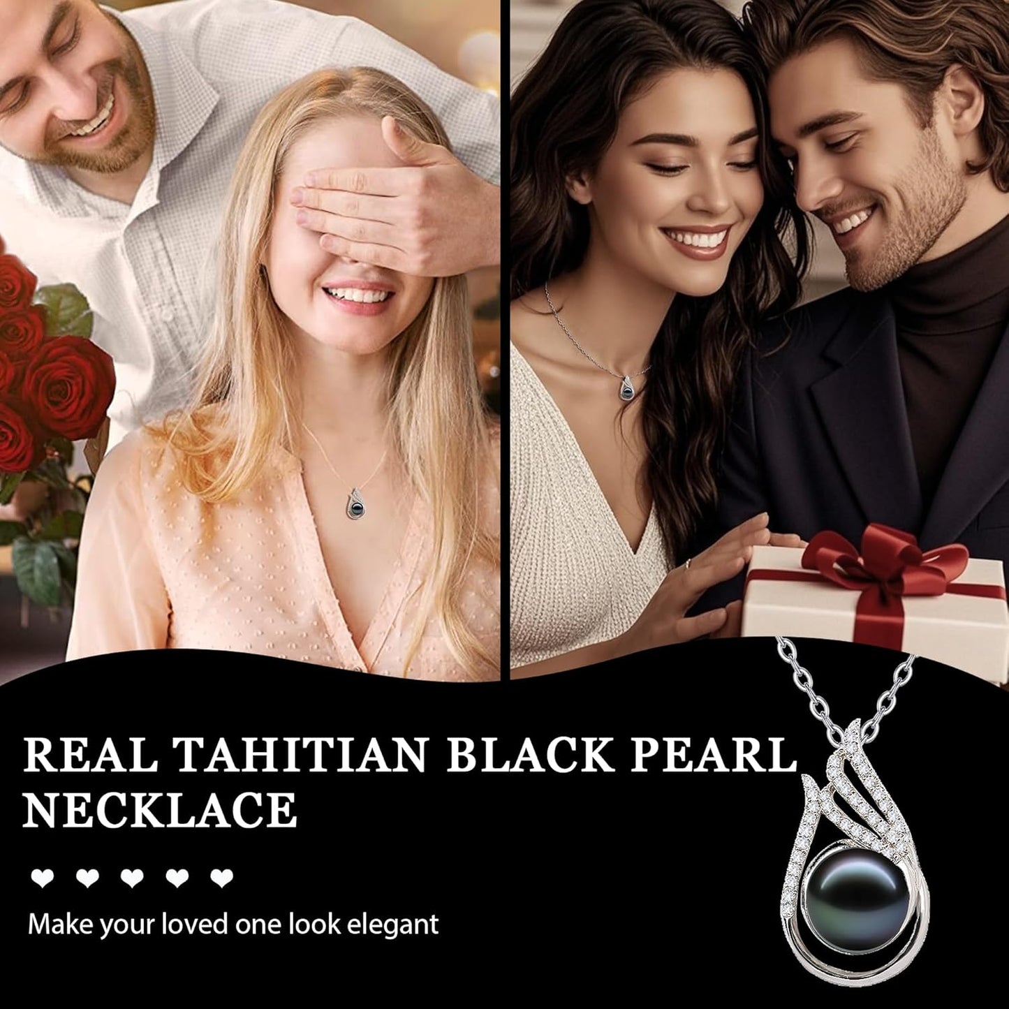 LOPHELIA Heart Shaped Tahitian Black Pearl Pendant Necklace with Rose Gift Box, Dainty Jewelry Gift for Mom, Women and Wife