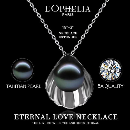LOPHELIA Tahitian Black Pearl Seashell Necklace – 10-11mm 5A Genuine Tahitian Pearl Pendant in Sterling Silver