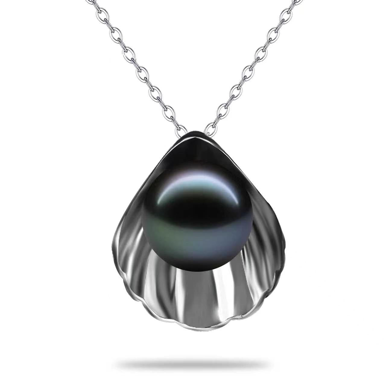 LOPHELIA Tahitian Black Pearl Seashell Necklace – 10-11mm 5A Genuine Tahitian Pearl Pendant in Sterling Silver