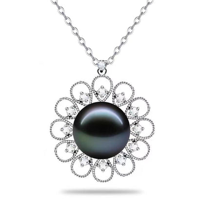LOPHELIA Tahitian Black Pearl Floral Necklace – 10-11mm 5A Genuine Tahitian Pearl Pendant in Sterling Silver