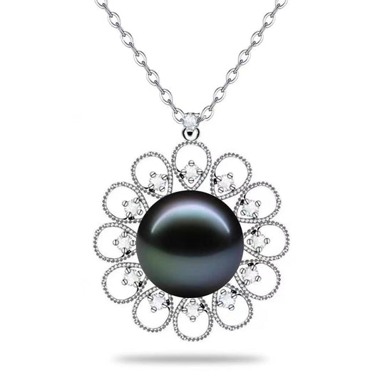 LOPHELIA Tahitian Black Pearl Floral Necklace – 10-11mm 5A Genuine Tahitian Pearl Pendant in Sterling Silver
