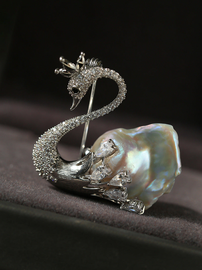 Natural Baroque Pearl Full Diamond Swan Design Brooch