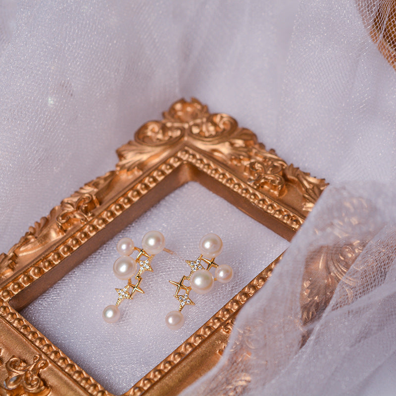 French retro star design pearl stud earrings