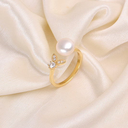 Leaf inlaid design pearl ring