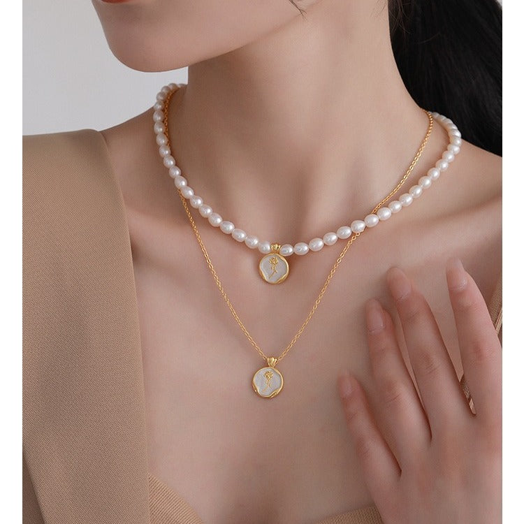 French Rose Vintage Sterling Silver Natural Pearl Necklace