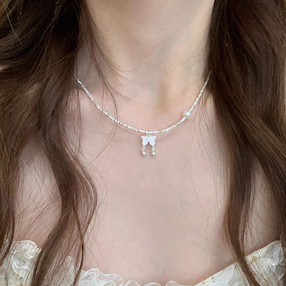 Butterfly Broken Silver Design Pearl Necklace