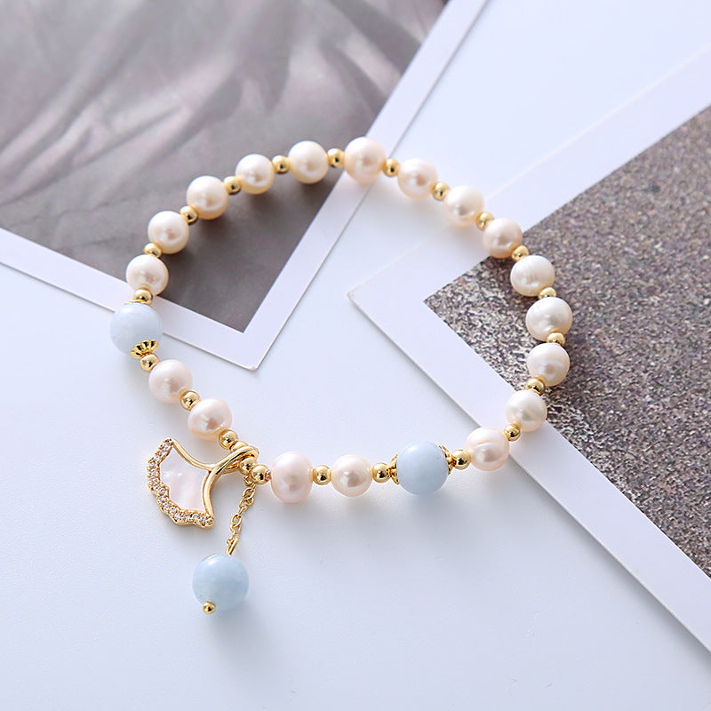 Pearl Aquamarine Crystal Apricot Leaf Design Bracelet