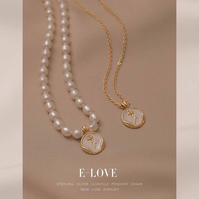 French Rose Vintage Sterling Silver Natural Pearl Necklace