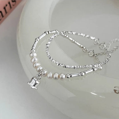 Sterling Silver Pearl Lily of the Valley Design Bracelet