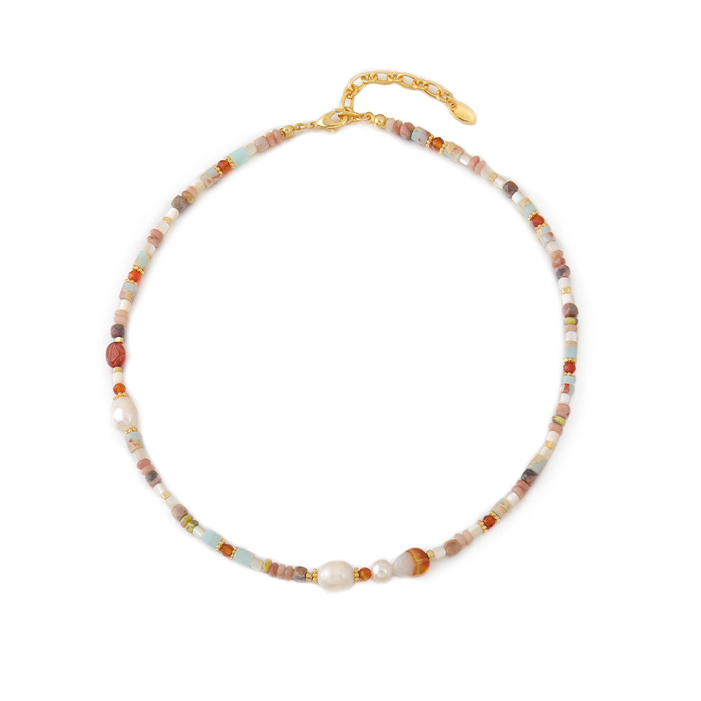 Natural Pearl Agate Retro Beaded Necklace