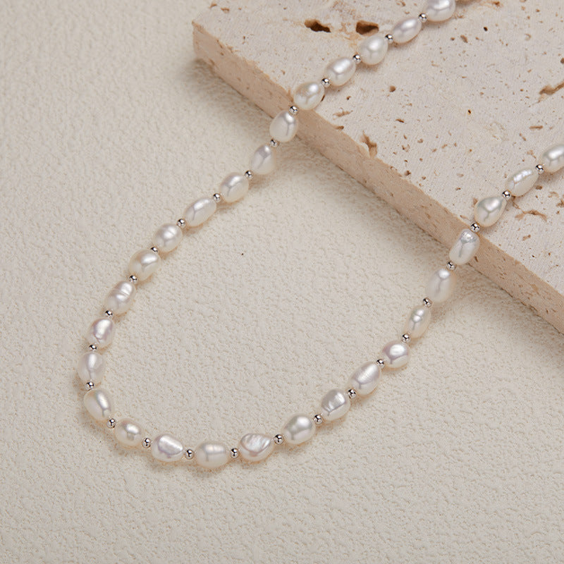 Natural Pearl Beaded Silver Necklace