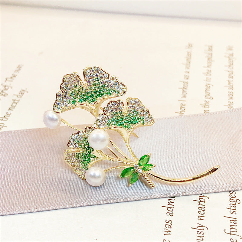 Natural Pearl Ginkgo Biloba Design Brooch