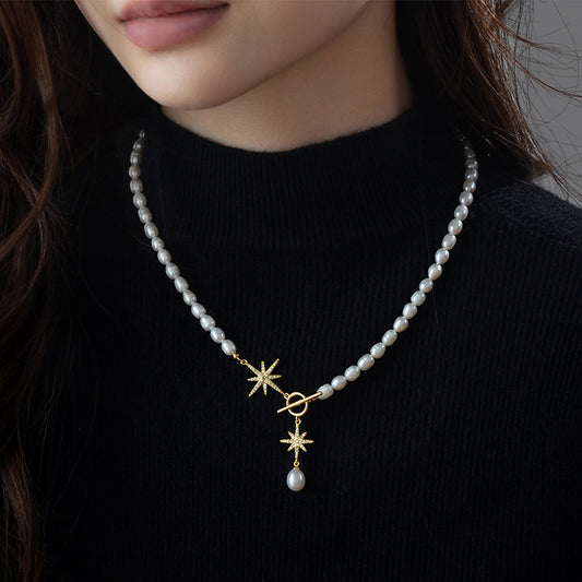 Natural pearl octagram OT buckle necklace