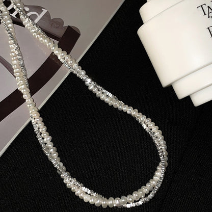 Broken silver baroque pearl sparkling necklace